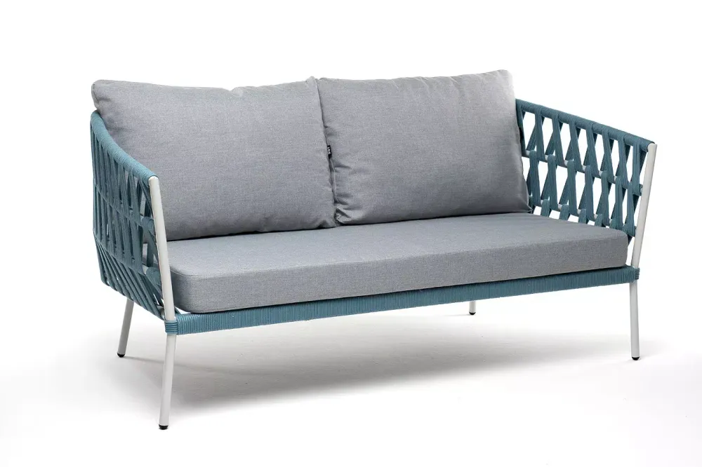"Диего" диван 2-местный плетеный из роупа, каркас алюминий светло-серый (RAL7035) муар, роуп бирюзовый круглый, ткань светло-серая