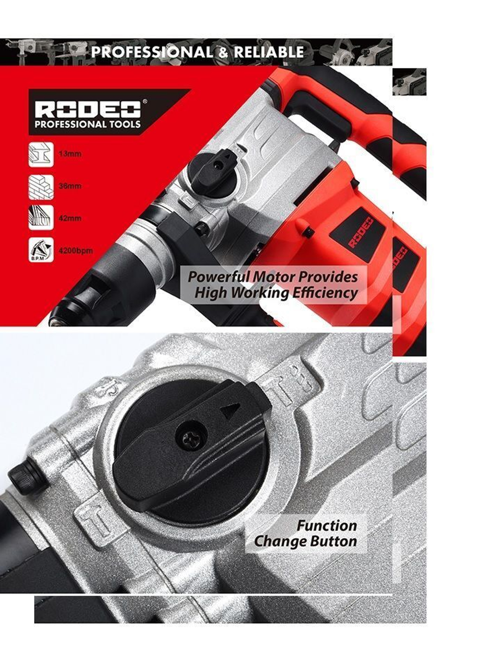 Перфоратор RODEO RH1500D, 1500Вт, 4200 уд/мин.