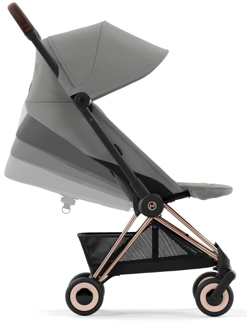 Коляска Cybex Coya Rosegold Frame Cloud T i-Size Sepia Black Plus Mirage Grey с дождевиком и бампером