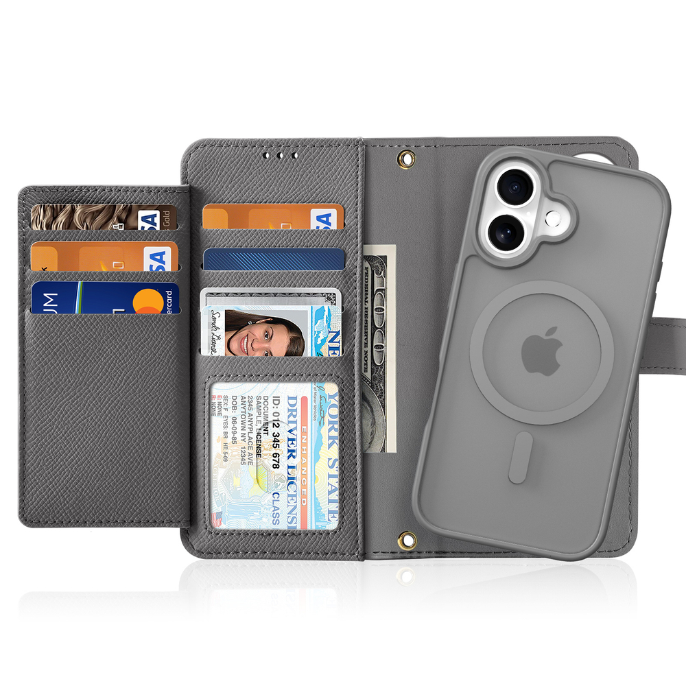 Чехол кошелек с MagSafe из TPU кожи серого цвета от Dux Ducis для iPhone 16, серия Lawa Series Case