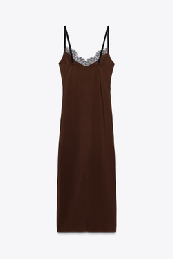 ZARA КОМБИНИРОВАННОЕ КРУЖЕВНОЕ ПЛАТЬЕ, КОРИЧНЕВЫЙ