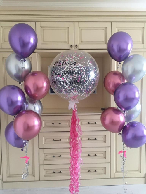 Большой шар с гирляндой,надписью и шариками хром