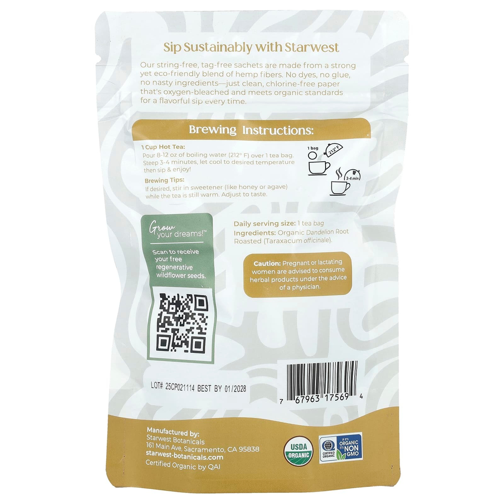 Starwest Botanicals, Органический чай из корня одуванчика, 20 чайных пакетиков, 40 г (1,4 унции)