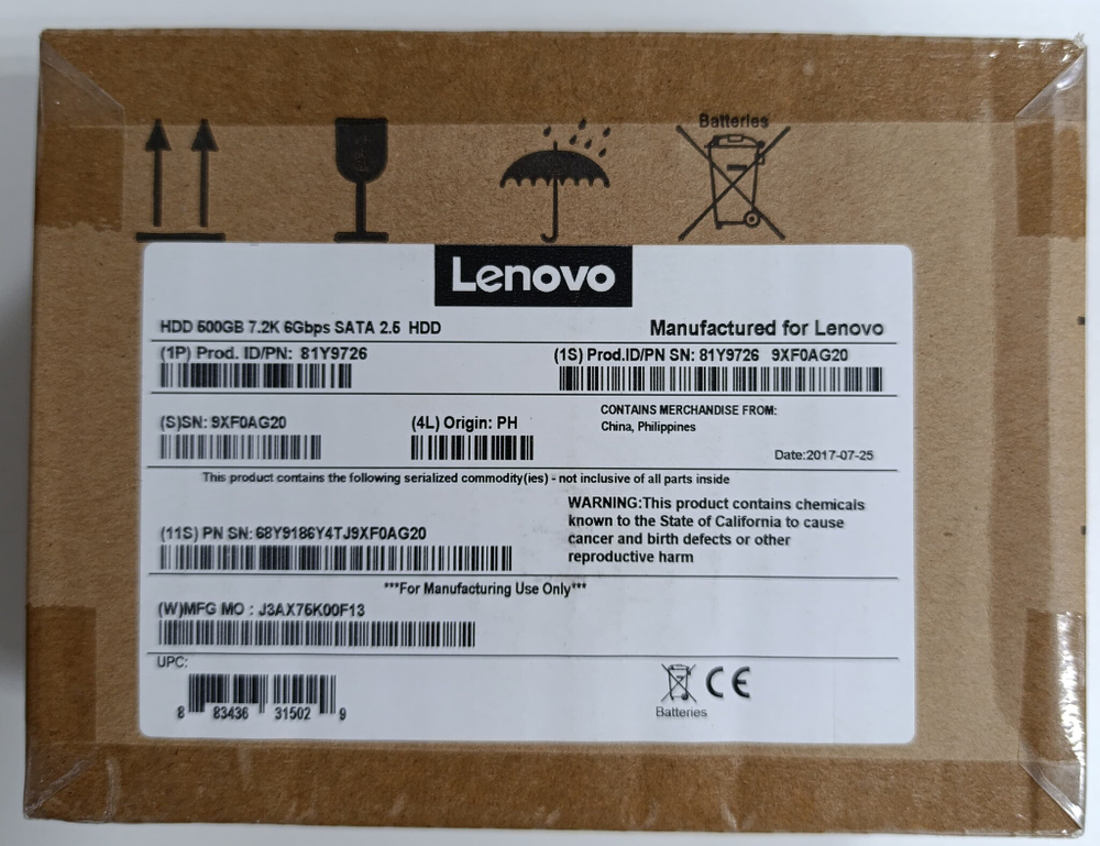 Жесткий диск HDD IBM/Lenovo 500GB 7.2K 2.5" SATA, 81Y9726 RTL