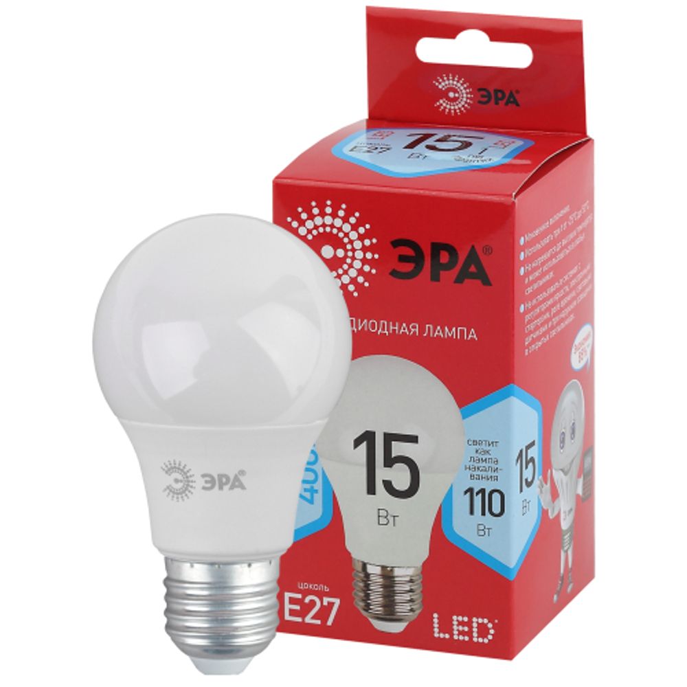 Лампа светодиодная ЭРА RED LINE LED A60-15W-840-E27 R 15Вт груша нейтральный белый свет Е27 | Лампы cветодиодные Груша (A)