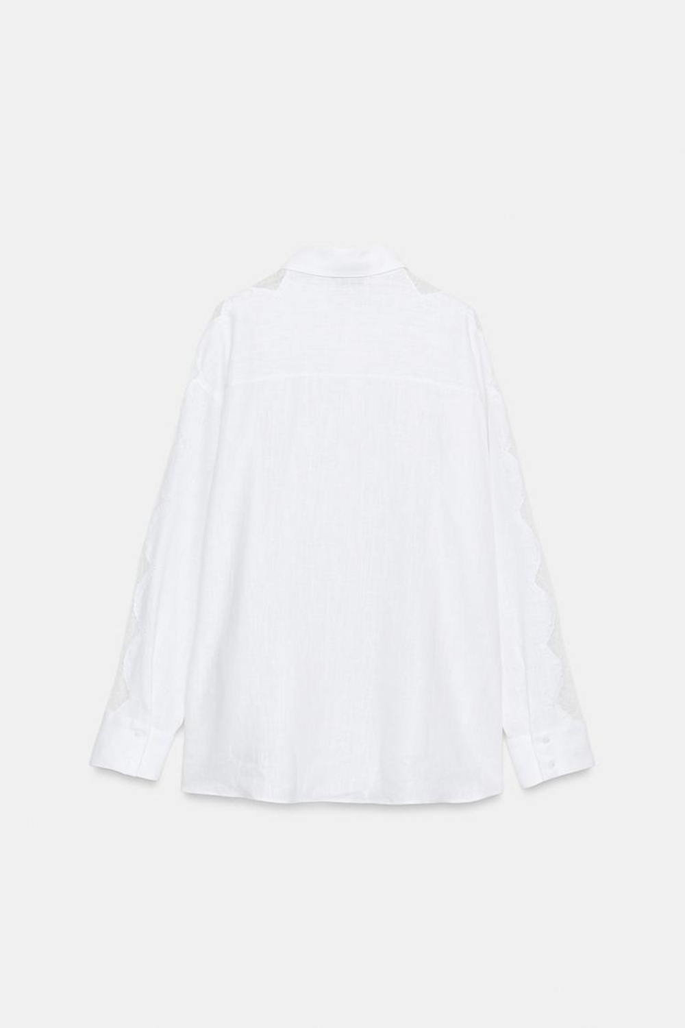 ZARA РУБАШКА ОВЕРСАЙЗ ИЗ ЛЬНА С КРУЖЕВОМ, БЕЛЫЙ