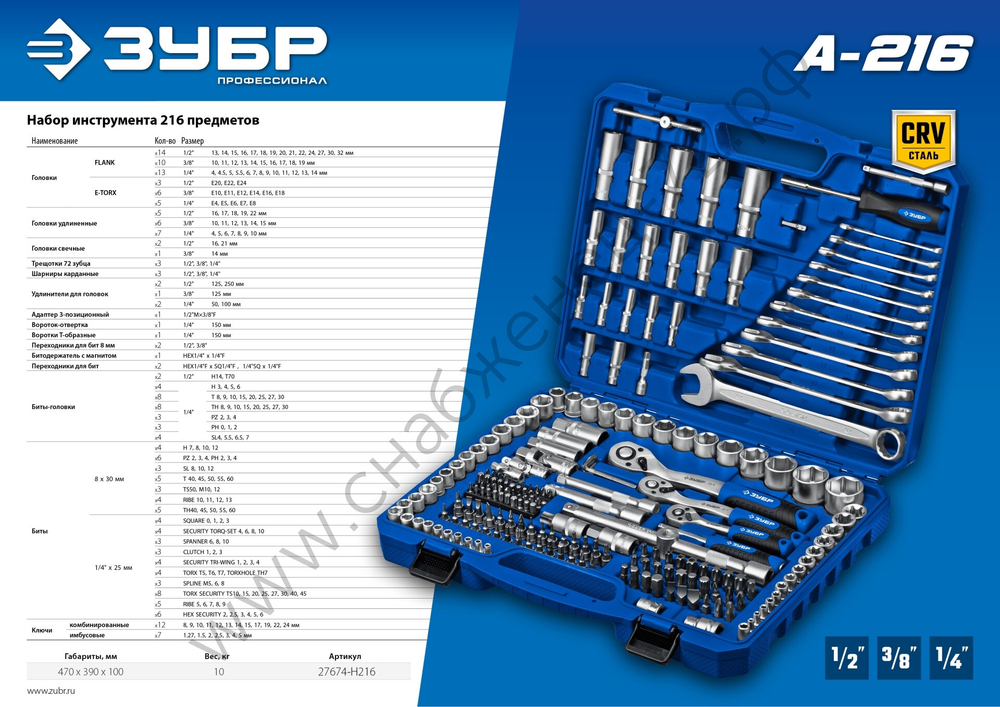 ЗУБР А-216, 216 предм., (1/2″+ 3/8″+ 1/4″), универсальный набор инструмента, Профессионал (27674-H216)