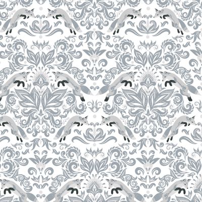Дамасский орнамент с лисами в серых оттенках. (Дизайнер Irina Skaska)