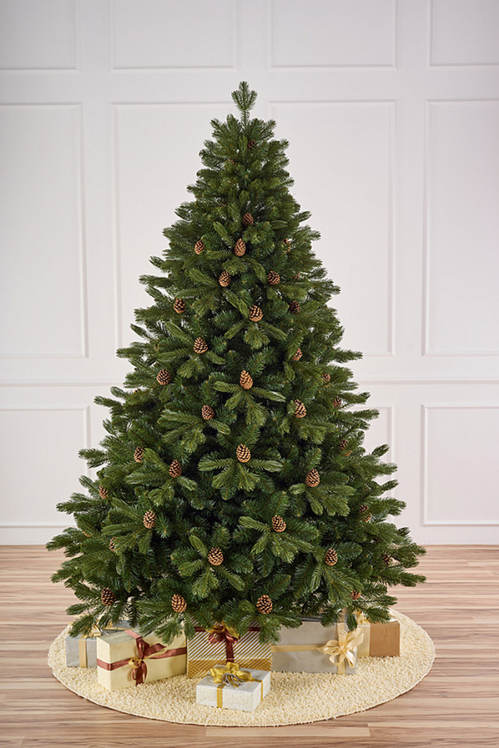 Ель искусственная Рождественская 2,1м с шишками ПРЕМИУМ подставка металл Литые ветки+Пленка ПВХ Макс