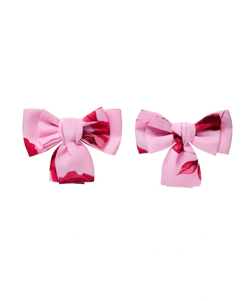 Mimi, заколки - бантики детские из розового батиста с крупными малиновыми цветами