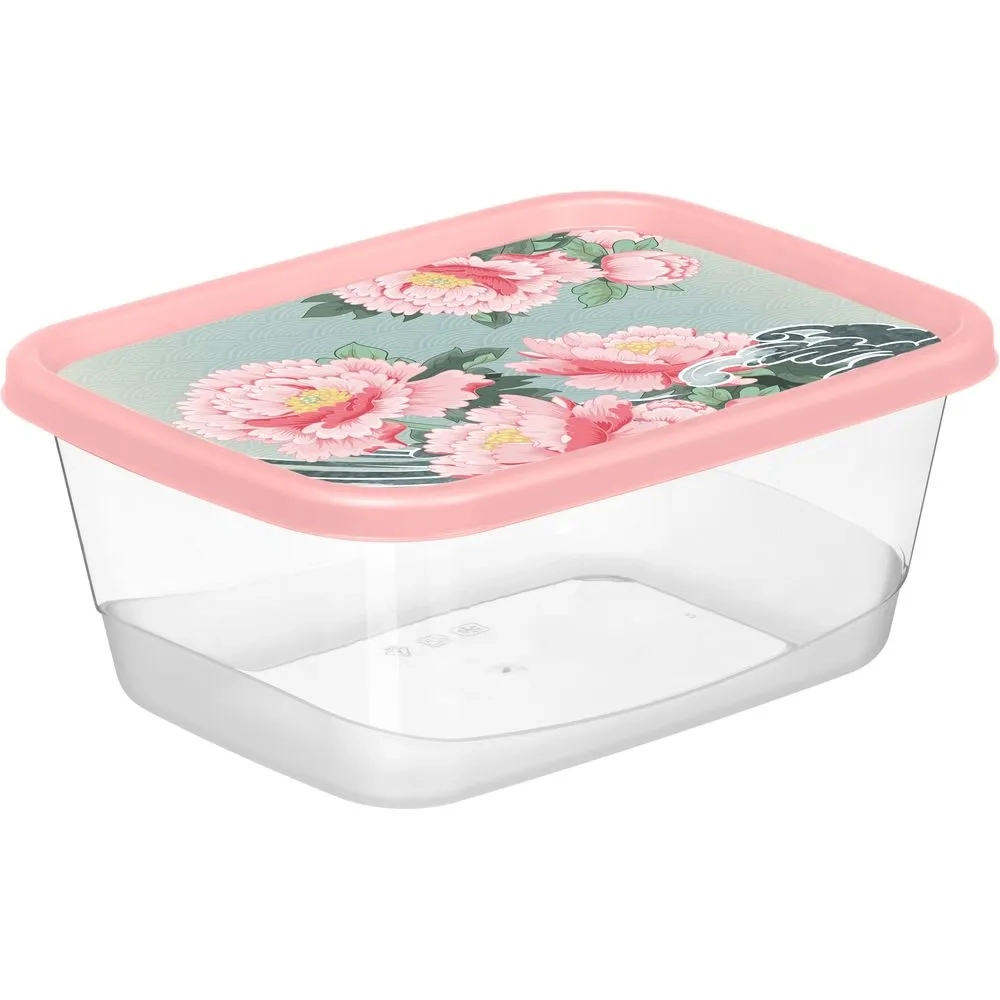 Контейнер для продуктов прямоугольный 0,85л с декором "Сад пионов" (розовый)