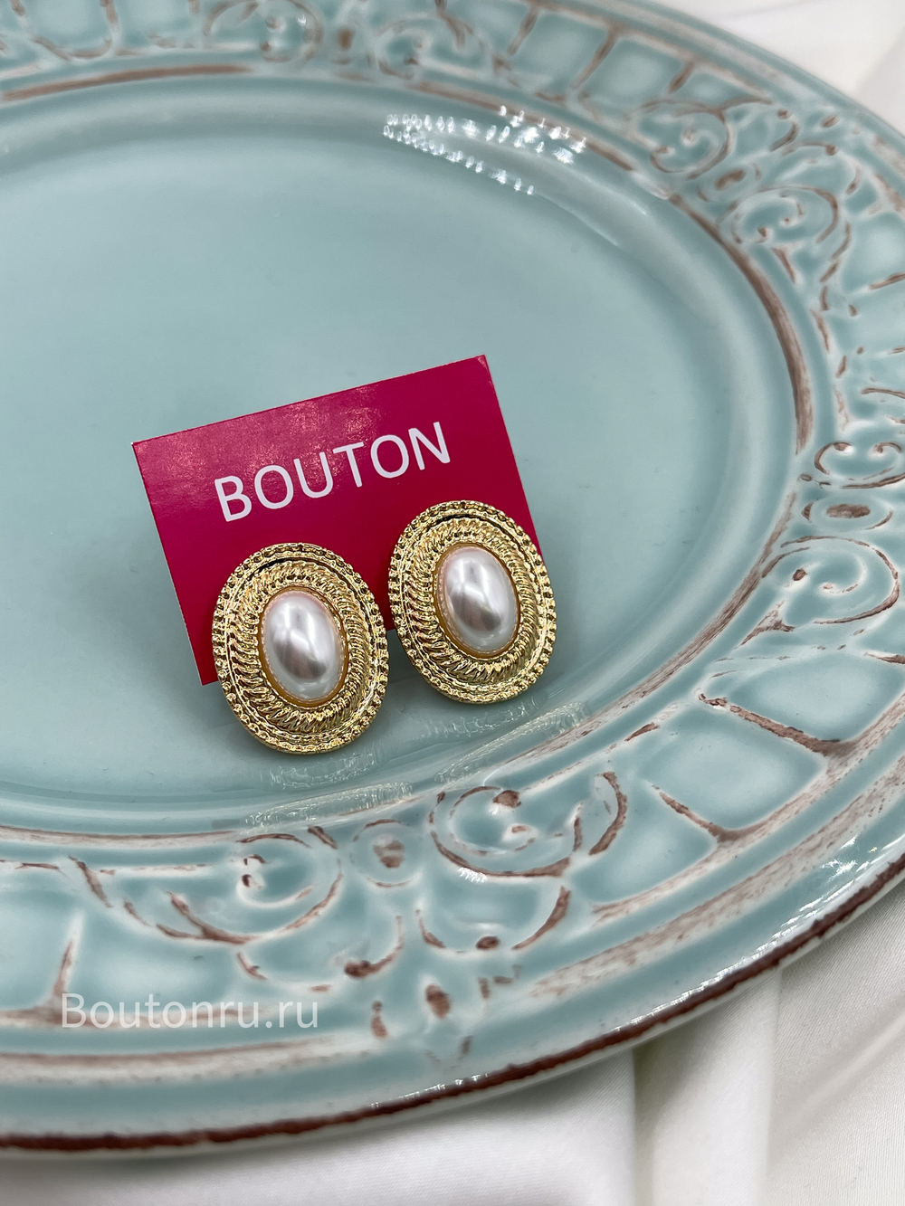 Серьги овальные золото с жемчугом гвоздики