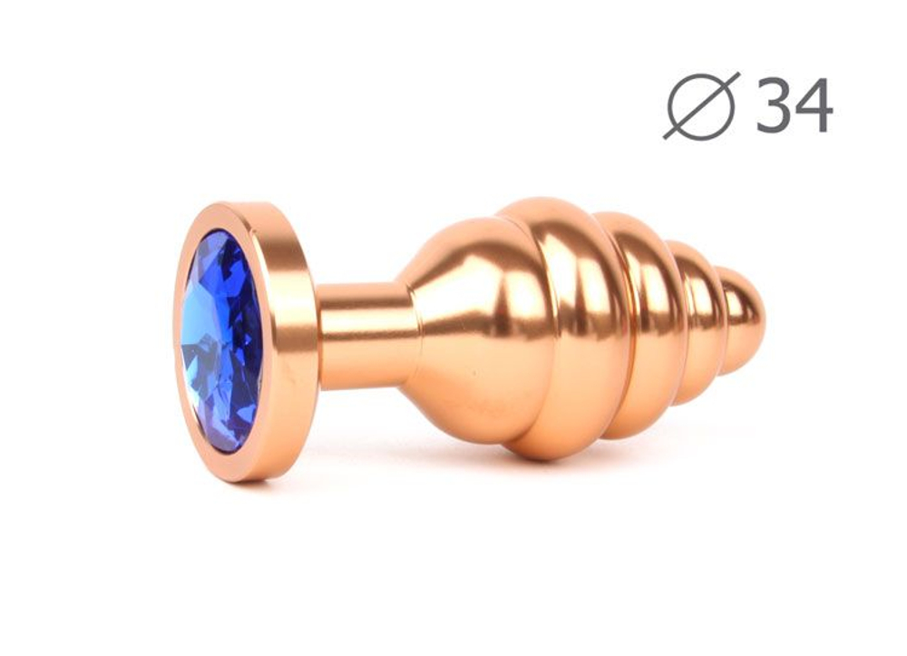 Коническая ребристая золотистая анальная втулка с синим кристаллом - 8 см. (Цвет: синий)