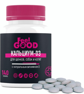 FeelGOOD Кальциум-D3 с натуральным витамином D для щенков, собак и котят, 140 табл.