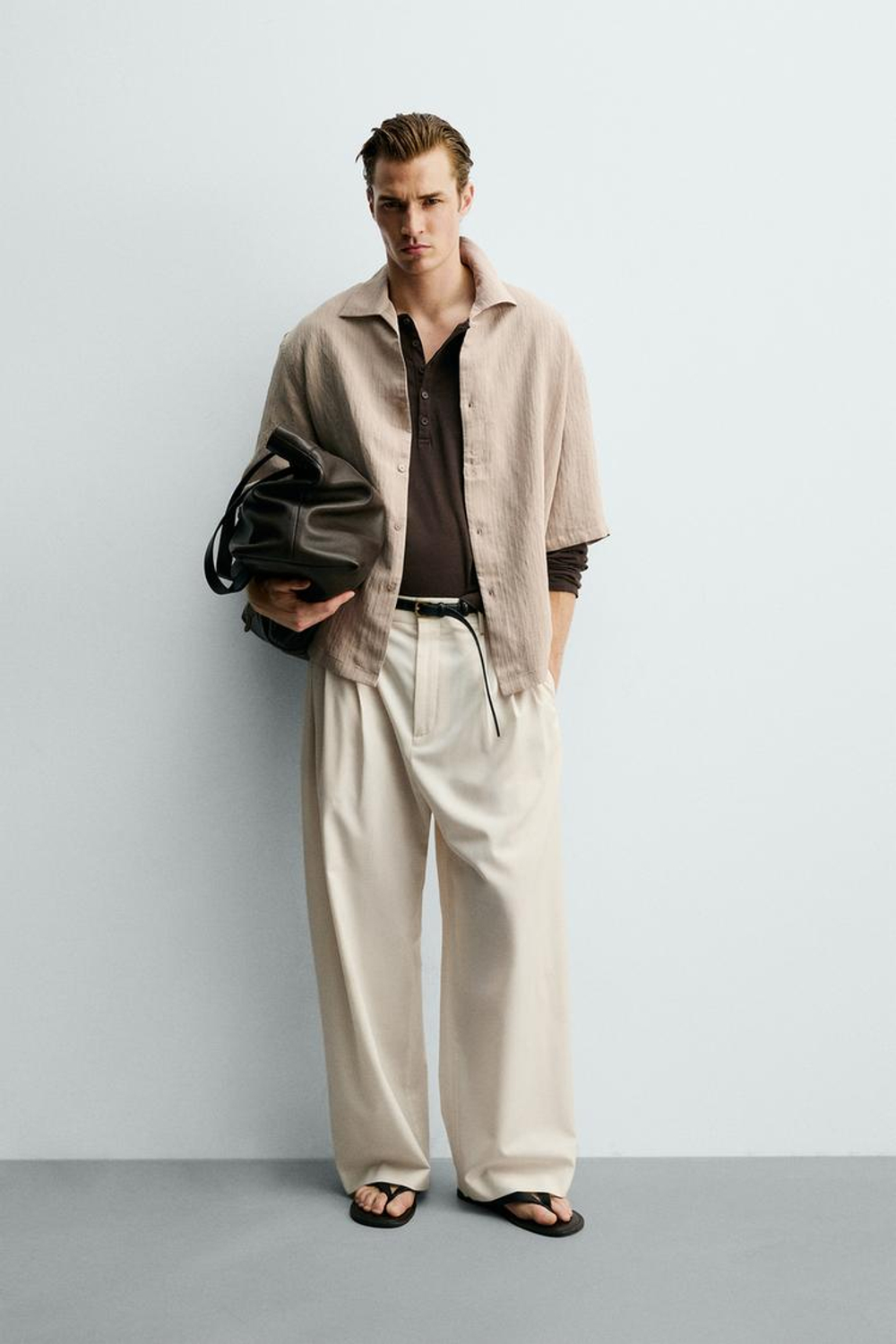 ZARA ЖАККАРДОВАЯ РУБАШКА BOXY FIT В ПОЛОСКУ, ЭКРЮ