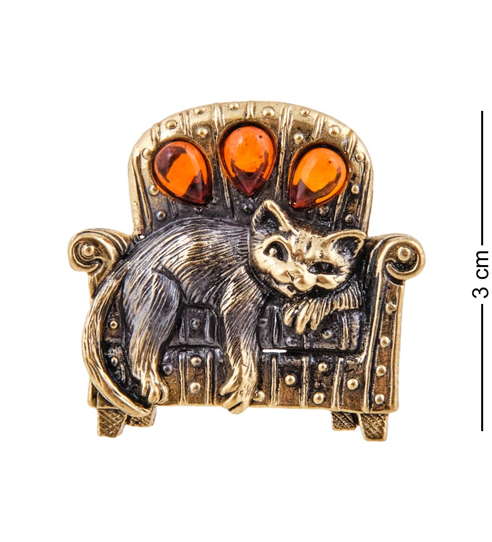 AM-2579 Брошь «Кот сон на Бержере» (латунь, янтарь)