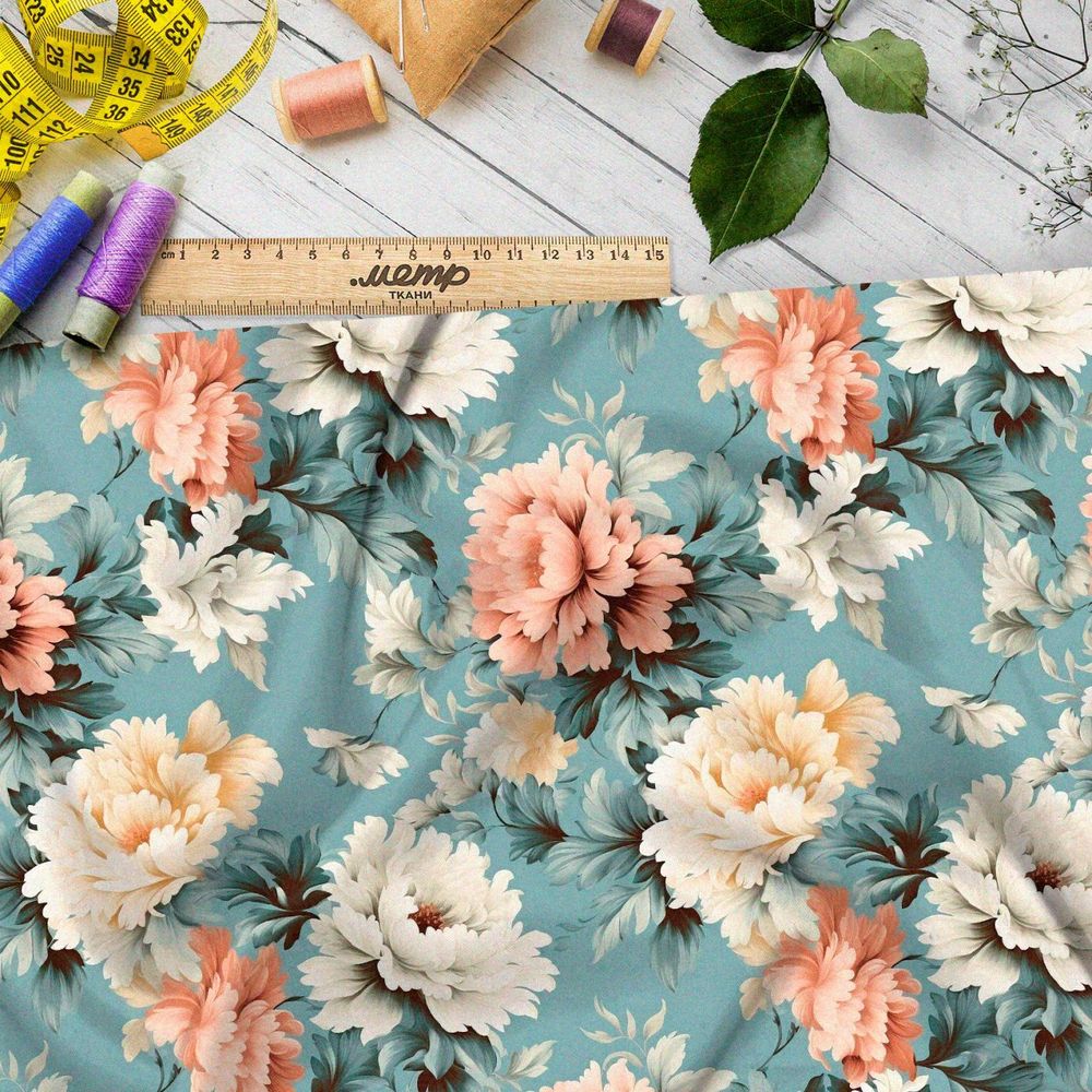 Ткань премиум бифлекс цветочная фантазия на сером