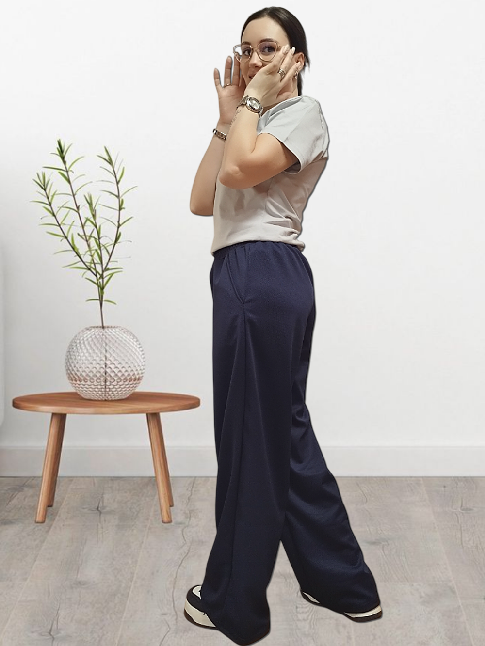 20621 Брюки женские палаццо трикотаж Диор темно-синий (54)