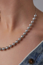 Колье-галстук из серо-зеленого жемчуга 0,6 см на бегунке, оттенок серебро