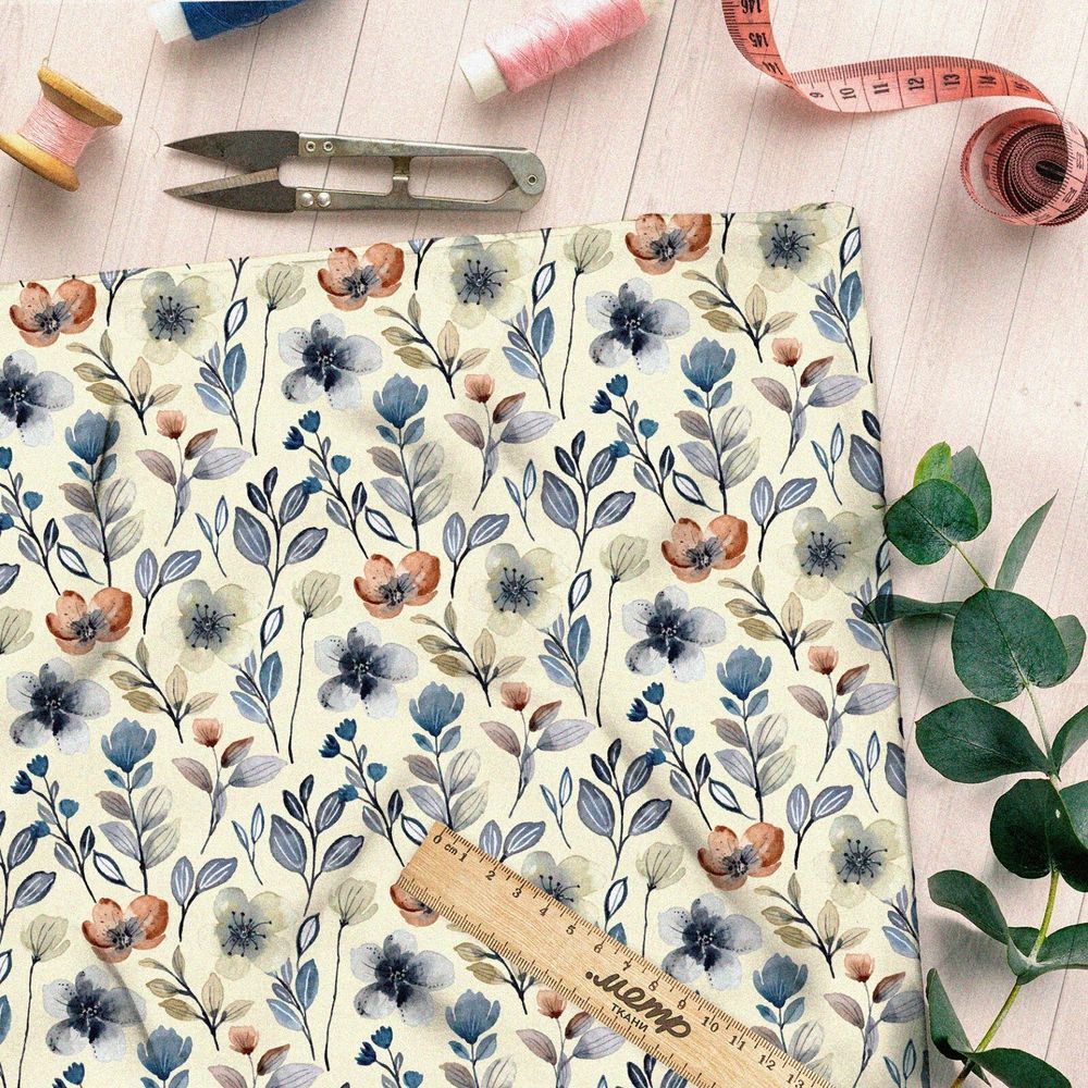 Ткань бифлекс акварельные цветы на бежевом