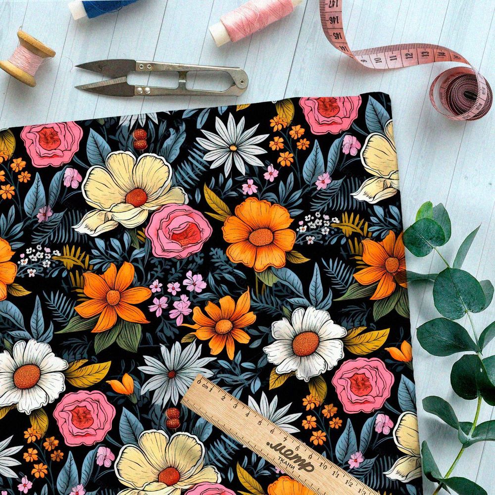 Ткань премиум дюспо полевое разноцветие на черном