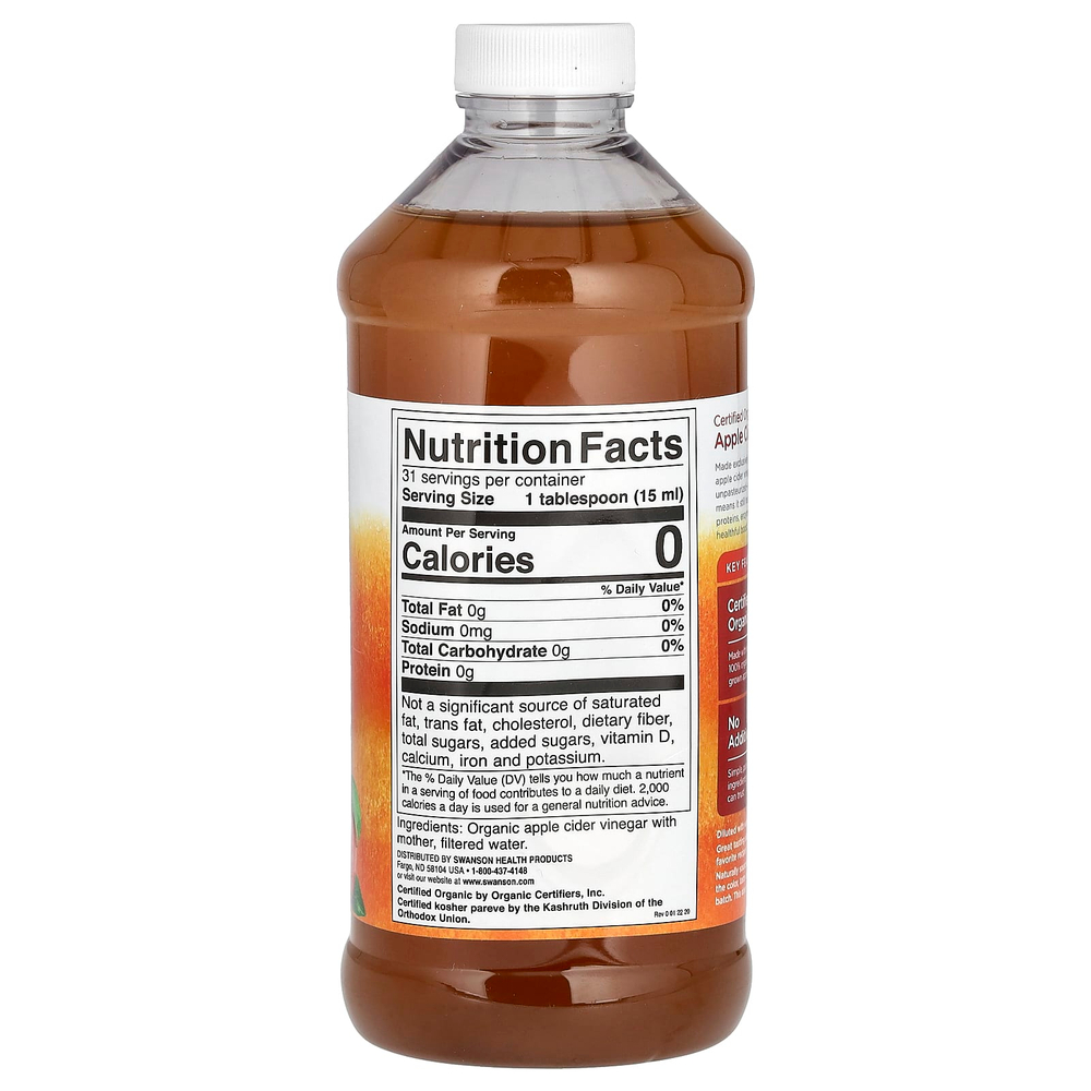Swanson Vitamins, Сертифицированный органический яблочный уксус с матерью, 473 мл (16 жидк. унц.)