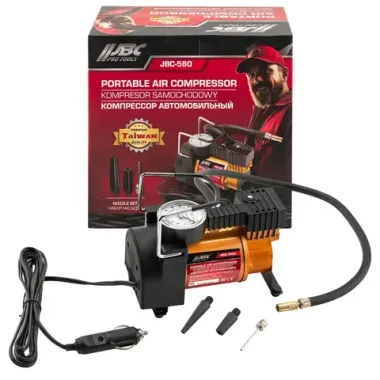 Компрессор автомобильный поршневой одноцилиндровый с аналоговым манометром (12В, 10А, 30л/мин, 7бар) в комплекте с переносной сумкой JBC JBC-580