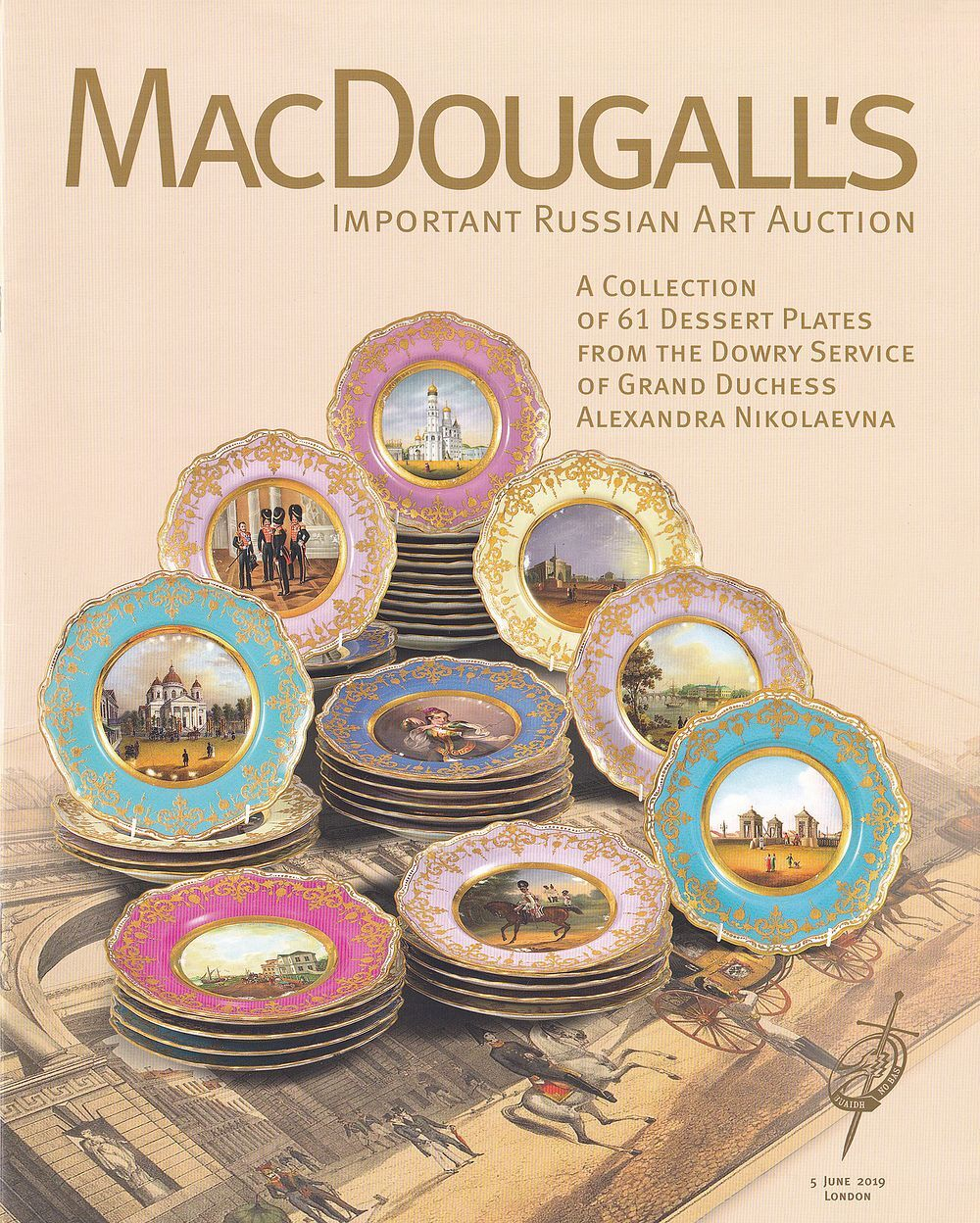 Каталог аукционного дома MacDougall's, Лондон, Шедевры русского искусства: Коллекция из 61-й десертной тарелки из приданого сервиза великой княгини Александры Николаевны от 5 июня 2019 года