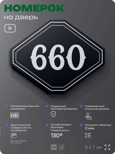 Номерок на дверь квартиры 660, для кабинета, офиса, шильдик 9 х 7 см, черный, Айдентика Технолоджи