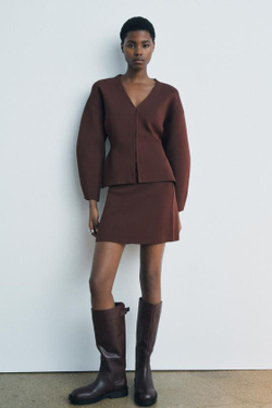 ZARA ОДНОТОННЫЙ ПРИТАЛЕННЫЙ КАРДИГАН, КОРИЧНЕВЫЙ