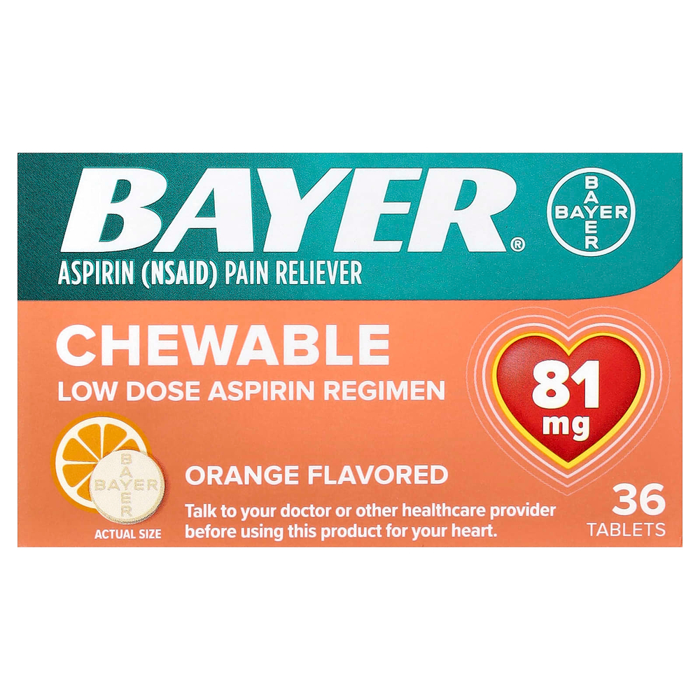 Bayer, Жевательные таблетки с низкой дозой аспирина, апельсин, 81 мг, 36 таблеток