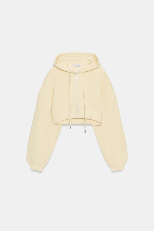 ZARA УКОРОЧЕННАЯ ТОЛСТОВКА С КАПЮШОНОМ, ПАСТЕЛЬНО-ЖЕЛТЫЙ