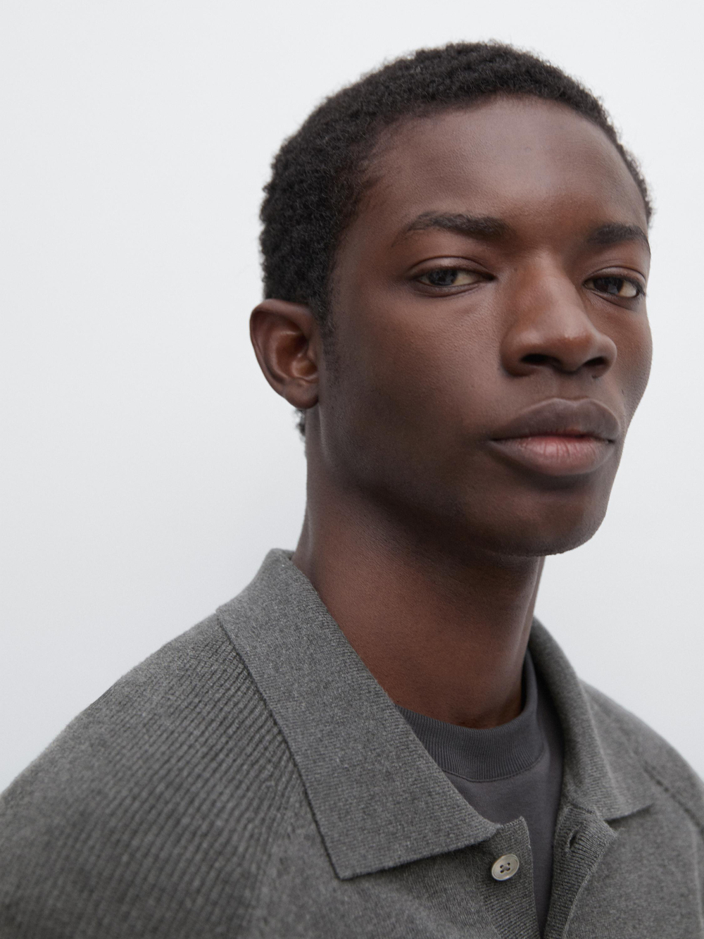 Massimo Dutti Трикотажный свитер-поло из смесового хлопка, серый