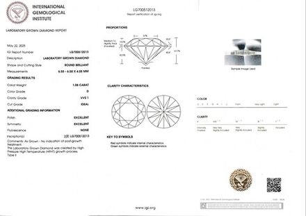 Лабораторно-выращенный бриллиант Кр-57 6.55-6.58 мм D/VVS1 1.08 ct