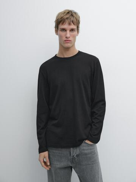 Massimo Dutti Хлопковая футболка с длинными рукавами, черный