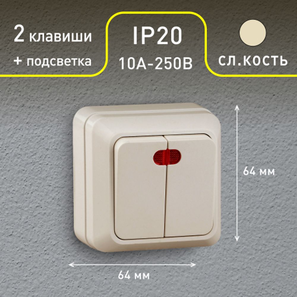 2-105-02 Intro Выключатель двойной с подсветкой, 10А-250В, IP20, ОУ, Quadro, сл.кость | Intro Quadro