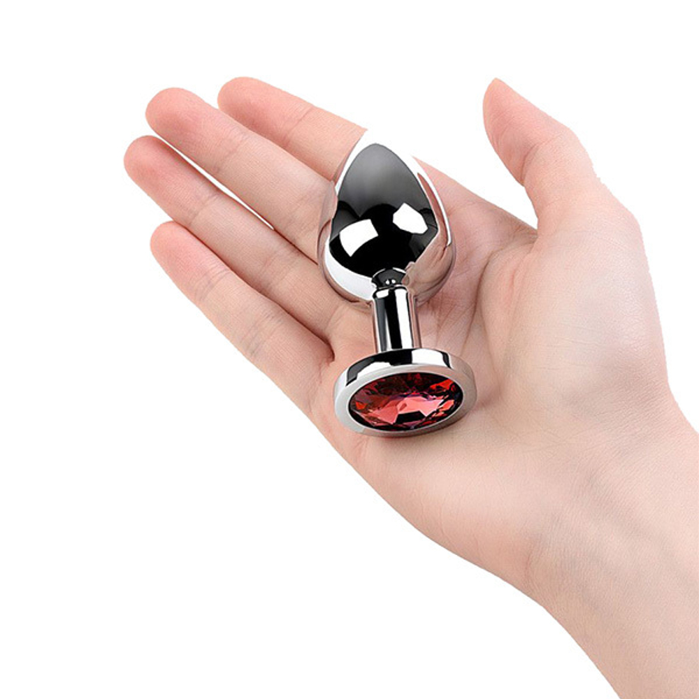 Серебристая коническая анальная пробка 8см с красным кристаллом ToyFa Metal 717002-9