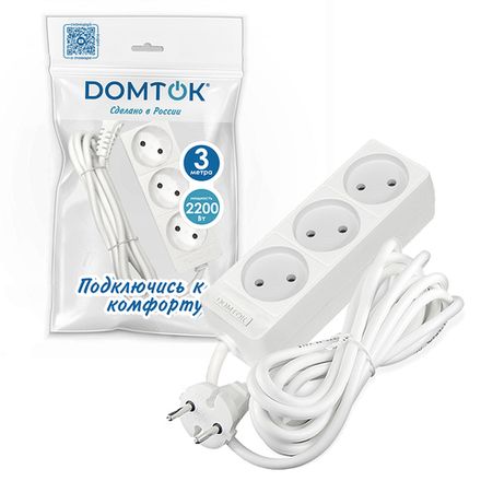 Удлинитель бытовой "DOMTOK" Лидер 3гн. ПВС 2*0, 2,2кВт, б/з 3м (1/45)