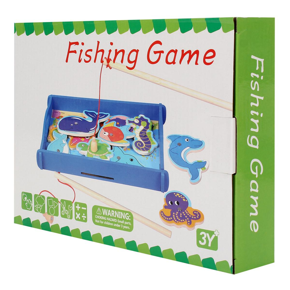 Развивающая игрушка деревянная Рыбалка маленькая с рыбкаами, коробка C-41671