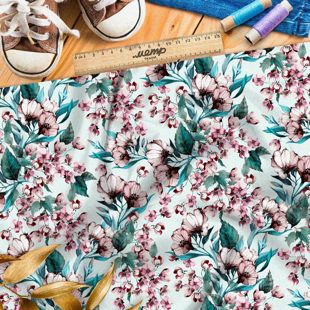 Ткань дюспо крупные цветы яблони на зелёном фоне