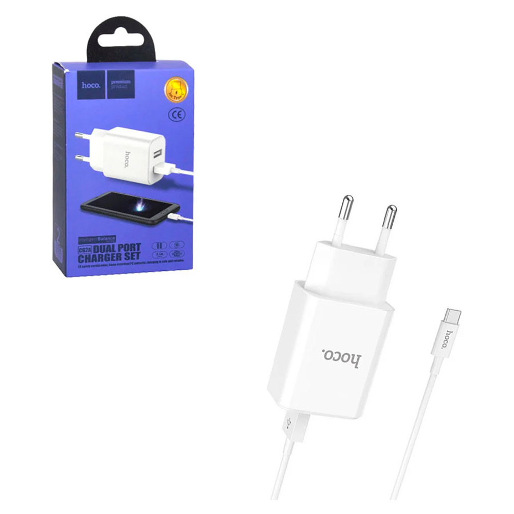 СЗУ USB Hoco C62A (10.5W, 2 порта, кабель Type-C) Белый