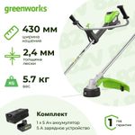 Триммер аккумуляторный Greenworks ST161S 82В (1 x 5 Ач, ЗУ) захват 430 мм, 5.7 кг, 2112307UB