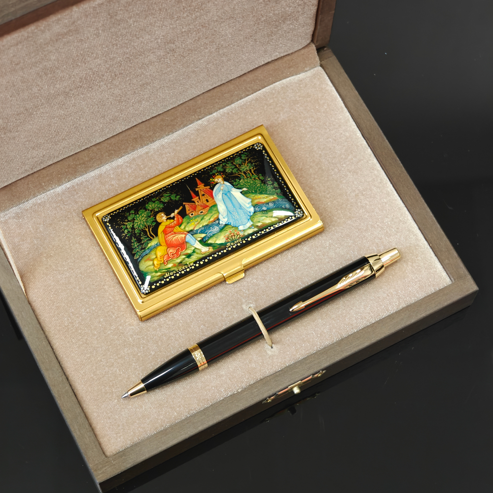 Набор "Пастушок" визитница персональная с ручной росписью и ручка Parker