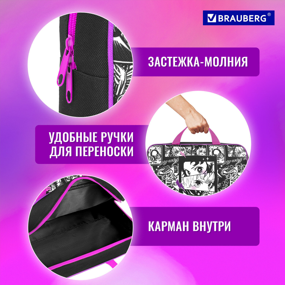Папка на молнии с ручками BRAUBERG А4 1 отделение полиэстер 80 мм "Anime movie" (2 штуки в упаковке)