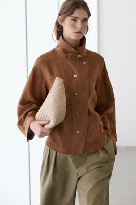 Massimo Dutti Льняная рубашка с кнопками, коричневый