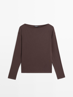 Massimo Dutti Футболка из 100% хлопка с вырезом лодочкой, коричневый