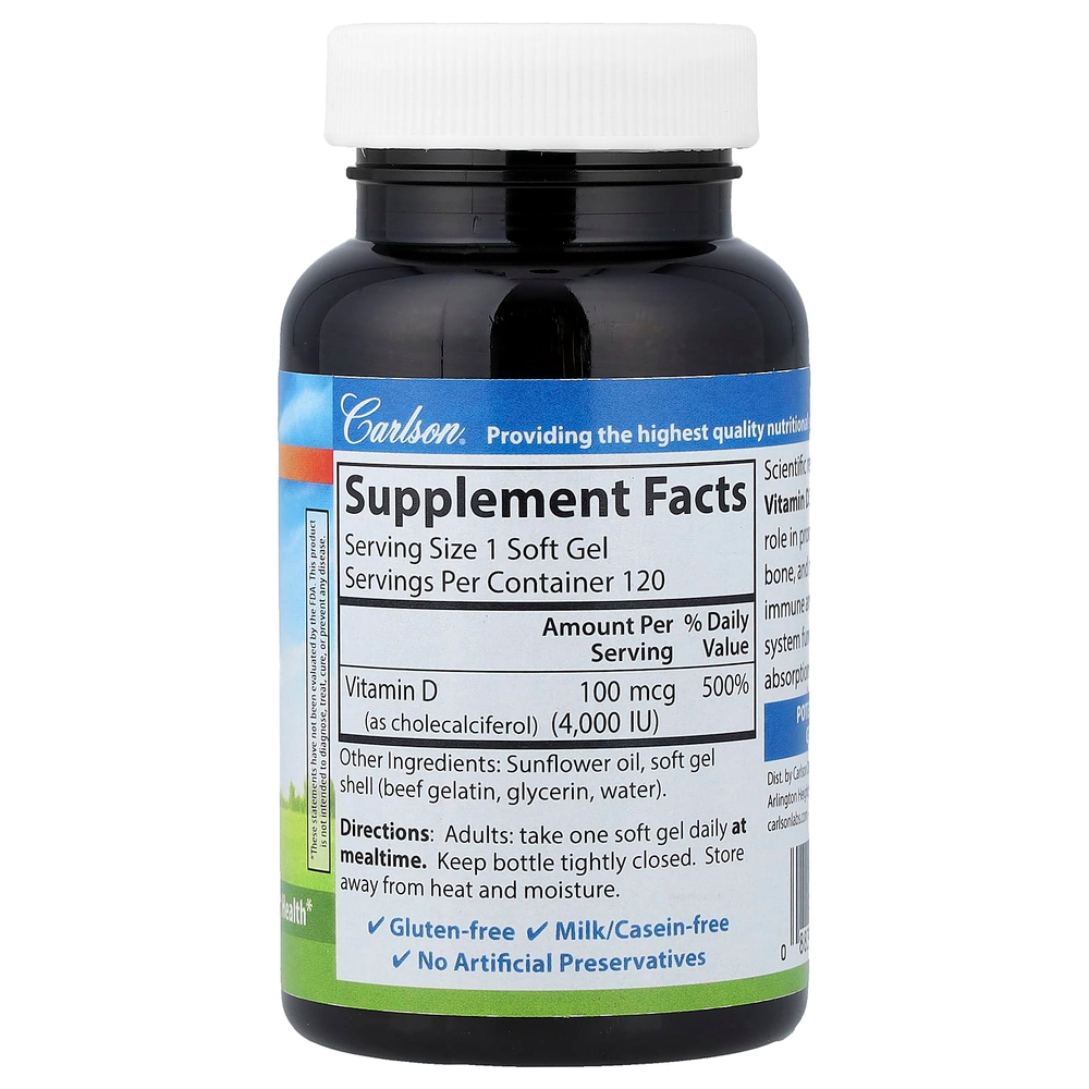 Carlson, Витамин D3, 100 мкг (4000 МЕ), 120 мягких таблеток