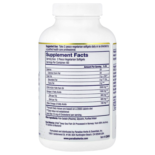 Paradise Herbs, Omega-Sure®, рыбий жир премиального качества с омега-3, 120 вегетарианских капсул Pesco