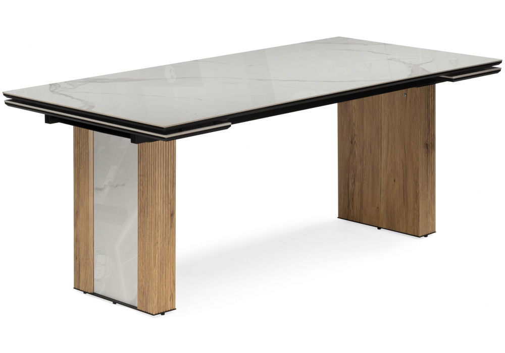 Керамический стол Woodville Бернардо 180x90 statuario titan gloss, дуб монтана