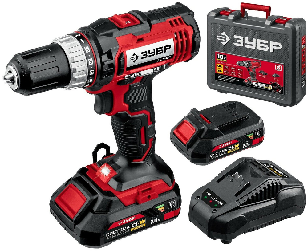 Дрель-шуруповерт акк ЗУБР ДШЛ-185-22 18В, 2 АКБ (2Ач) в кейсе